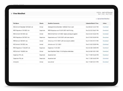Dashboard interface for managing attendee manifests, flight validation, groupings, and vehicle allocation estimates.